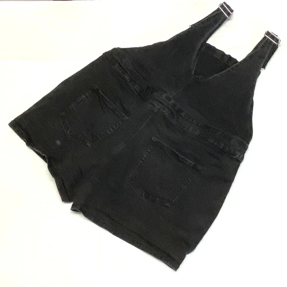 Maurices Black Denim Shortalls XL Tie Waist Bib Overalls Faded Summer Style - Picture 7 of 9